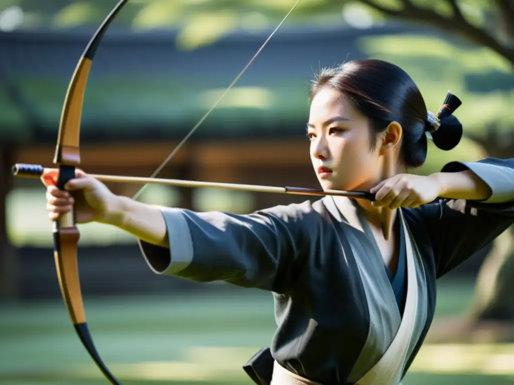 Un arquero de Kyudo tradicional concentra su mirada en el objetivo, rodeado de un sereno jardín japonés