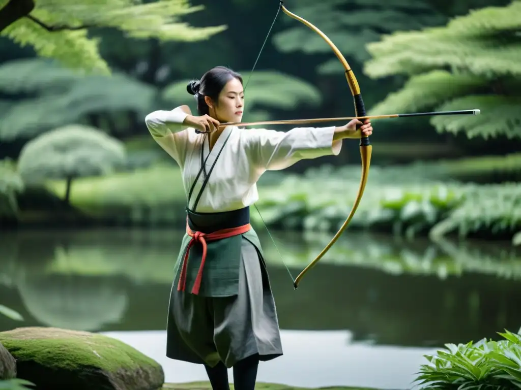 Arquero zen en jardín tranquilo, vistiendo atuendo samurái, practicando kyudo