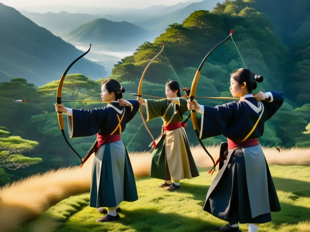 Arqueros de Kyudo en formación, apuntando con determinación en un torneo tradicional de Kyudo en la montaña neblinosa al amanecer