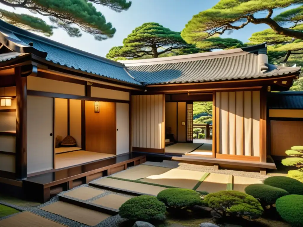 Arquitectura y arte en templos samurái: Dōjō japonés tradicional, jardín de rocas, luz filtrada a través de los pinos centenarios