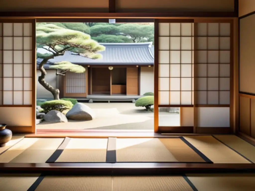 Arquitectura del hogar samurai con puertas de papel deslizantes, vigas de madera, tatamis y jardín de rocas, bañado por suave luz y paisaje sereno