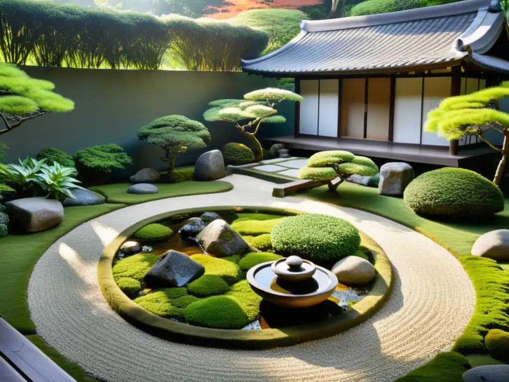 Arquitectura de jardines samurái: un zen jardín japonés con musgo, bambú, y un estanque sereno, evocando equilibrio y tranquilidad