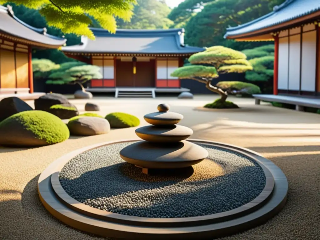 Jardín Zen japonés: serenidad y armonía en la naturaleza Jardín zen con arquitectura japonesa y filosofía zen en la era samurái