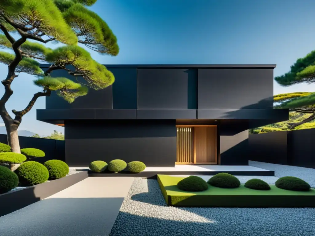 Arquitectura samurái moderna elegante: Edificio minimalista negro rodeado de jardines zen, fusionando tradición y modernidad