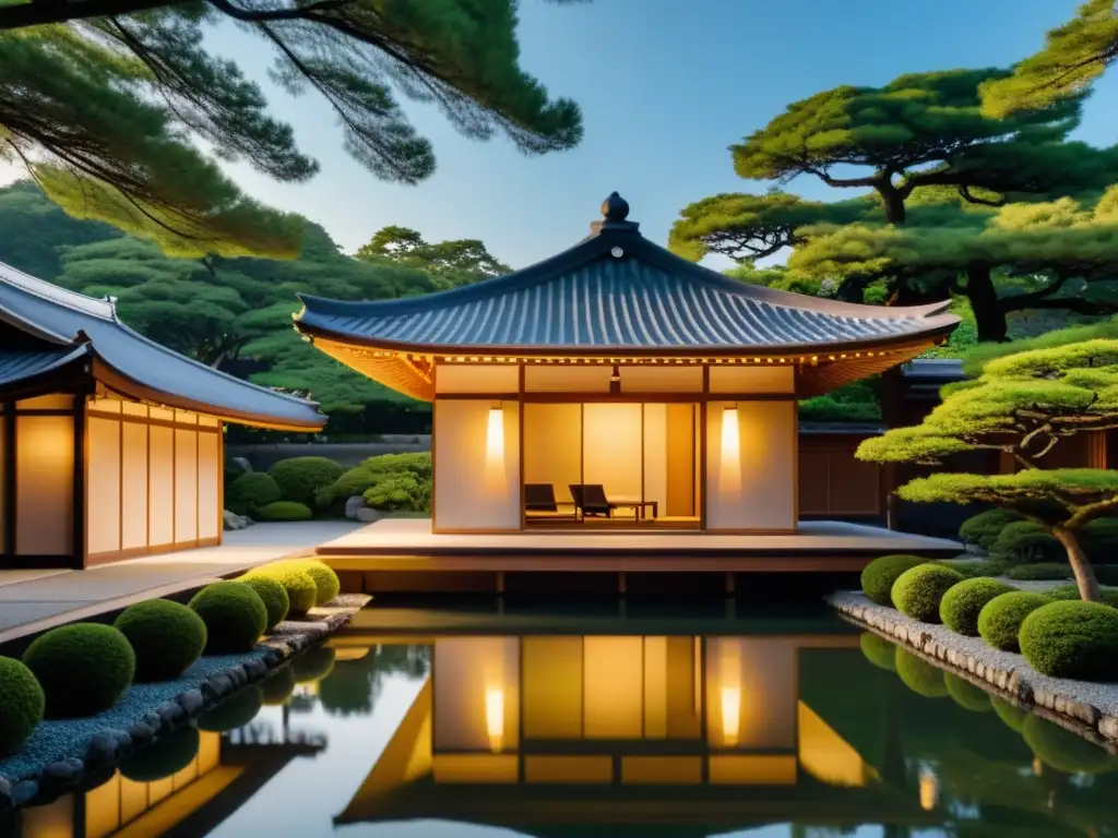 Arquitectura samurái moderna elegante con líneas angulares y toques tradicionales japoneses, rodeada de jardines y una atmósfera serena