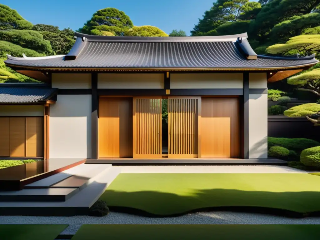 Arquitectura samurái moderna funcional en edificio minimalista con elementos japoneses y jardín sereno