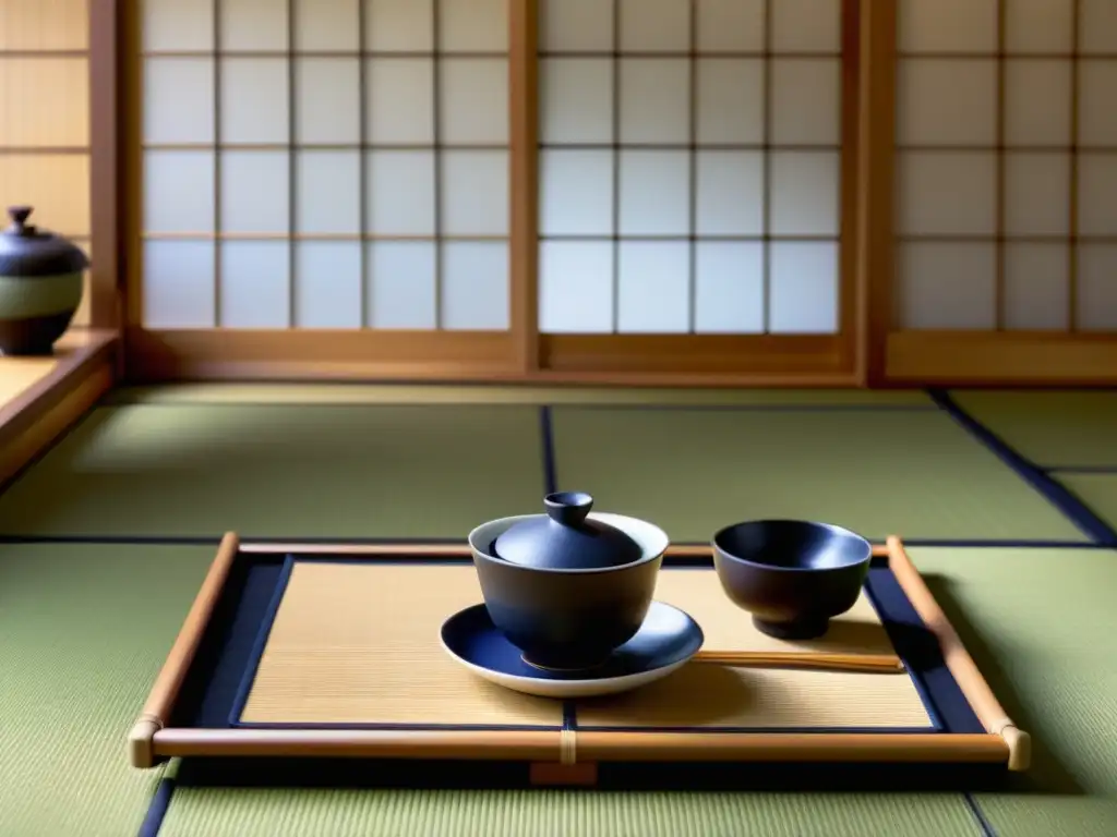 Arte en la Ceremonia del té en la cultura samurái: un set tradicional japonés en un espacio sereno y minimalista