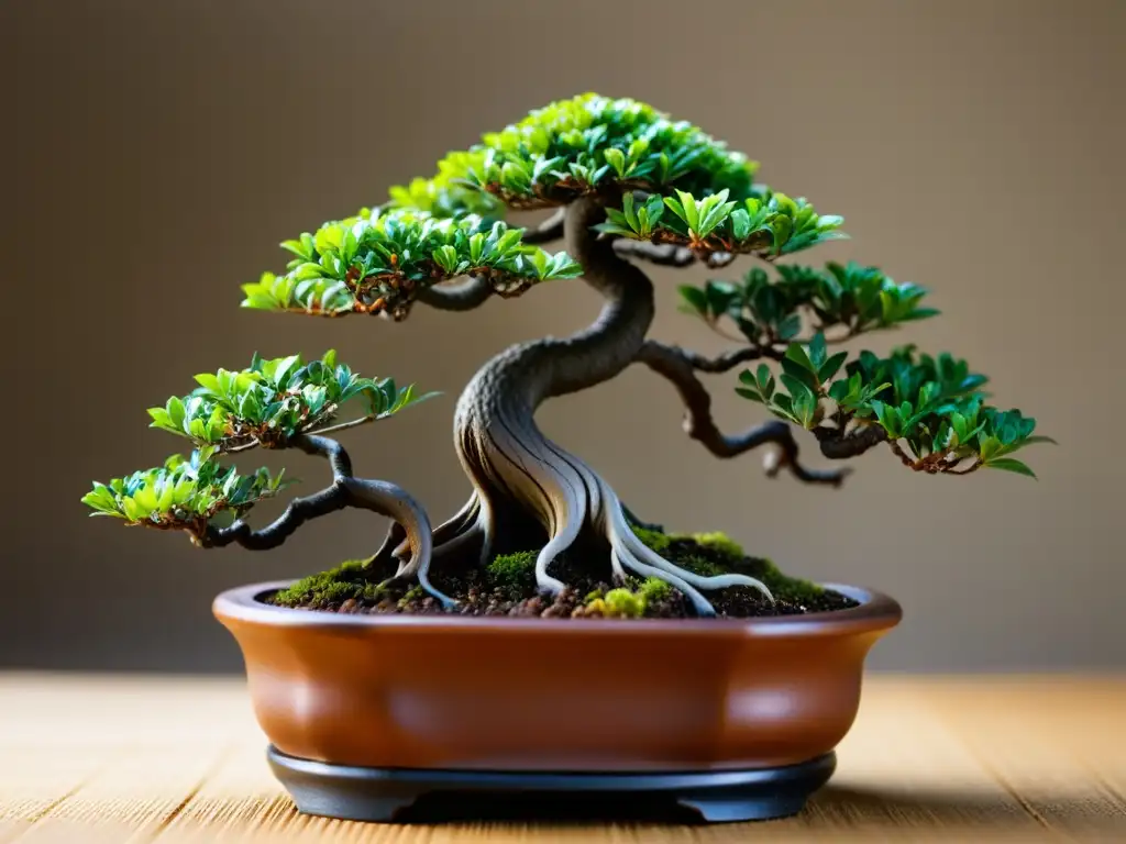 Arte del Bonsái samurái: Detalle exquisito de un árbol miniatura, sus hojas delicadas y su maceta de cerámica terrosa