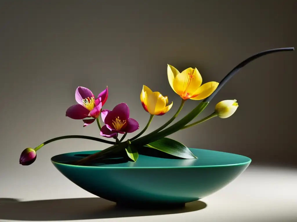 Arte floral samurái: delicada armonía de formas, colores y texturas en una composición Ikebana, irradiando belleza y disciplina