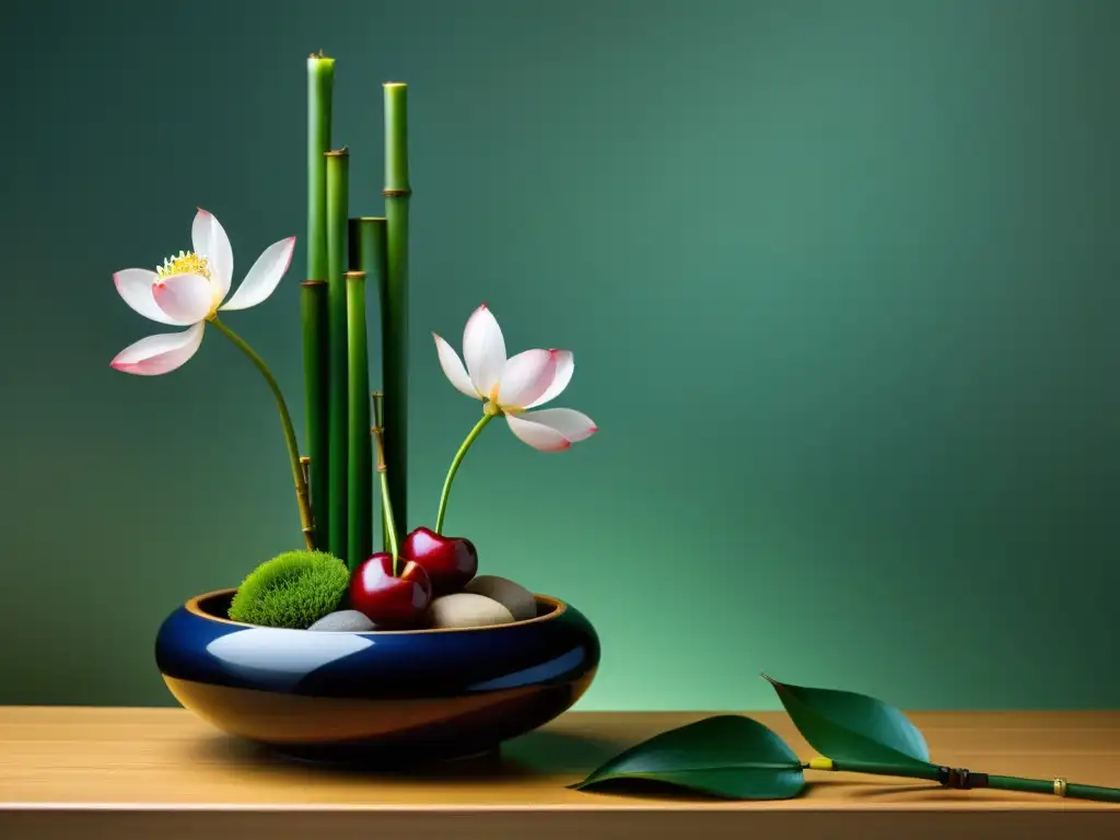 Arte floral samurái: belleza, disciplina y tranquilidad en una composición de Ikebana con cerezos, lotos y bambú