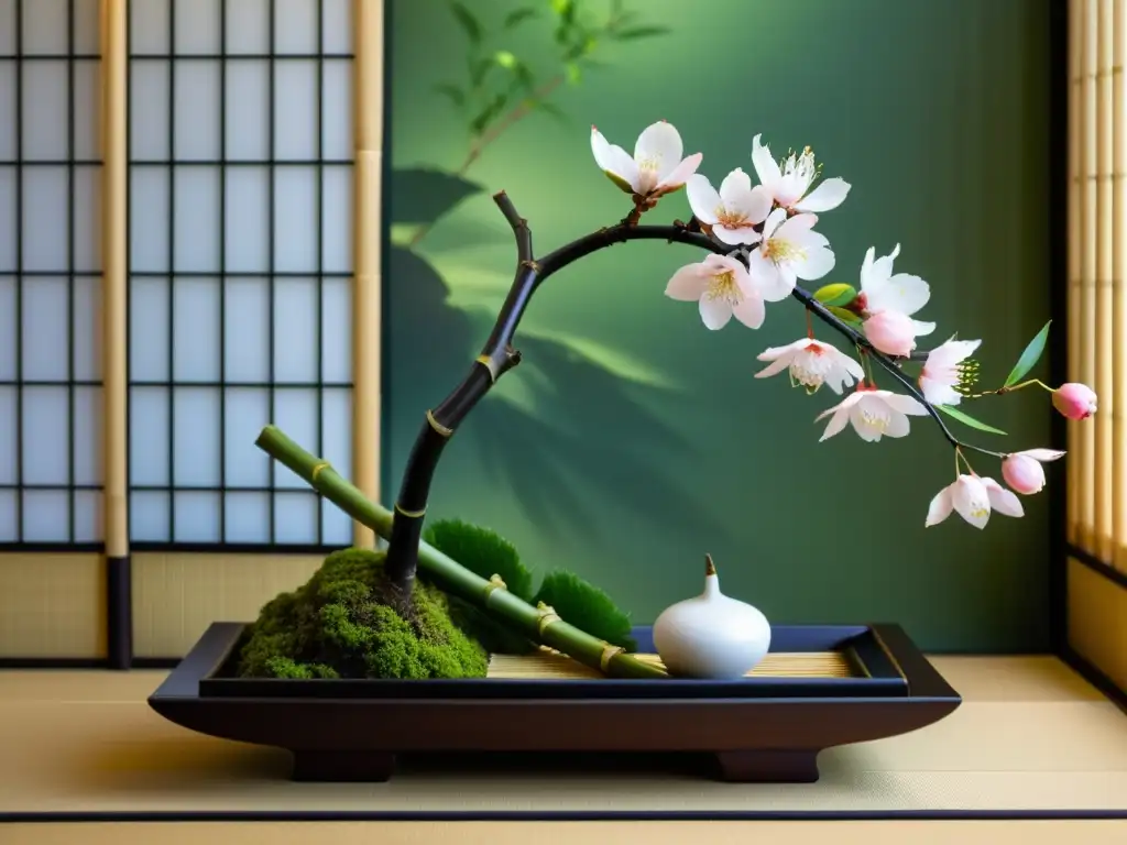 Arte floral samurái: una composición de ikebana meticulosa, elegante y hermosa en un tokonoma japonés iluminado por luz natural