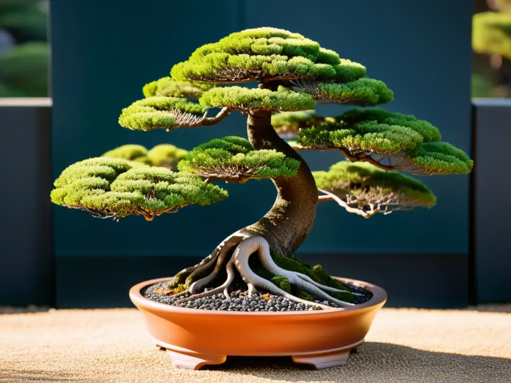 Arte del Bonsái samurái: Imagen de un bonsái cuidadosamente podado en un jardín de rocas japonés, evocando la disciplina y belleza de la naturaleza