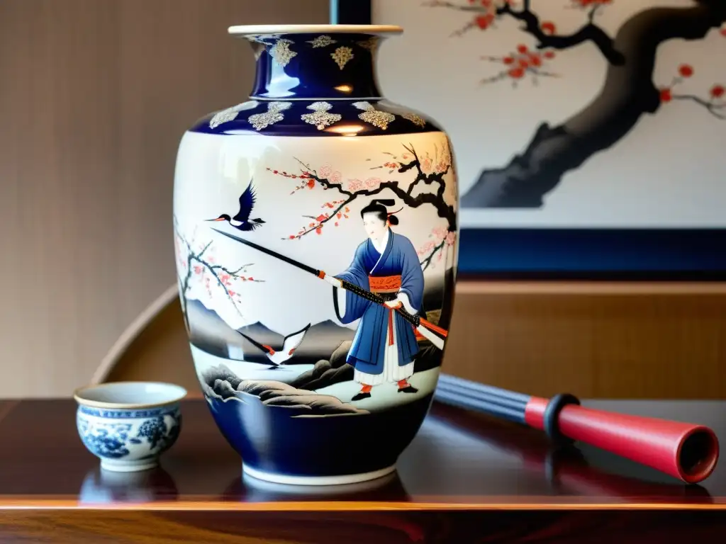 Arte japonés: jarrón de porcelana, mosquete y samuráis se preparan para la guerra