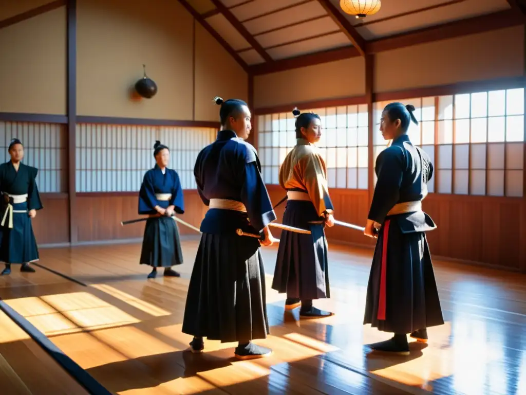 Introducción al arte del Kendo samurái: Dojo japonés tradicional con practicantes concentrados en la intensa práctica de esgrima