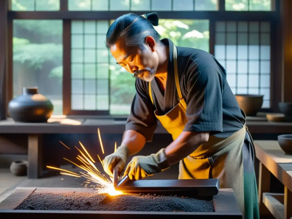 Arte milenario forjado katanas: Maestro espadero japonés forja con sabiduría ancestral en su taller tradicional, bañado en luz dorada