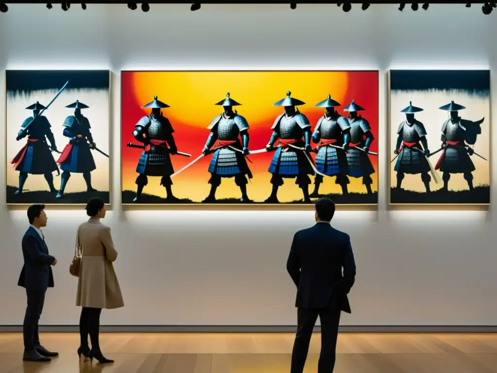 Exhibición de arte moderno con influencia samurái: pinturas impactantes de guerreros en batalla, en una atmósfera serena y contemplativa