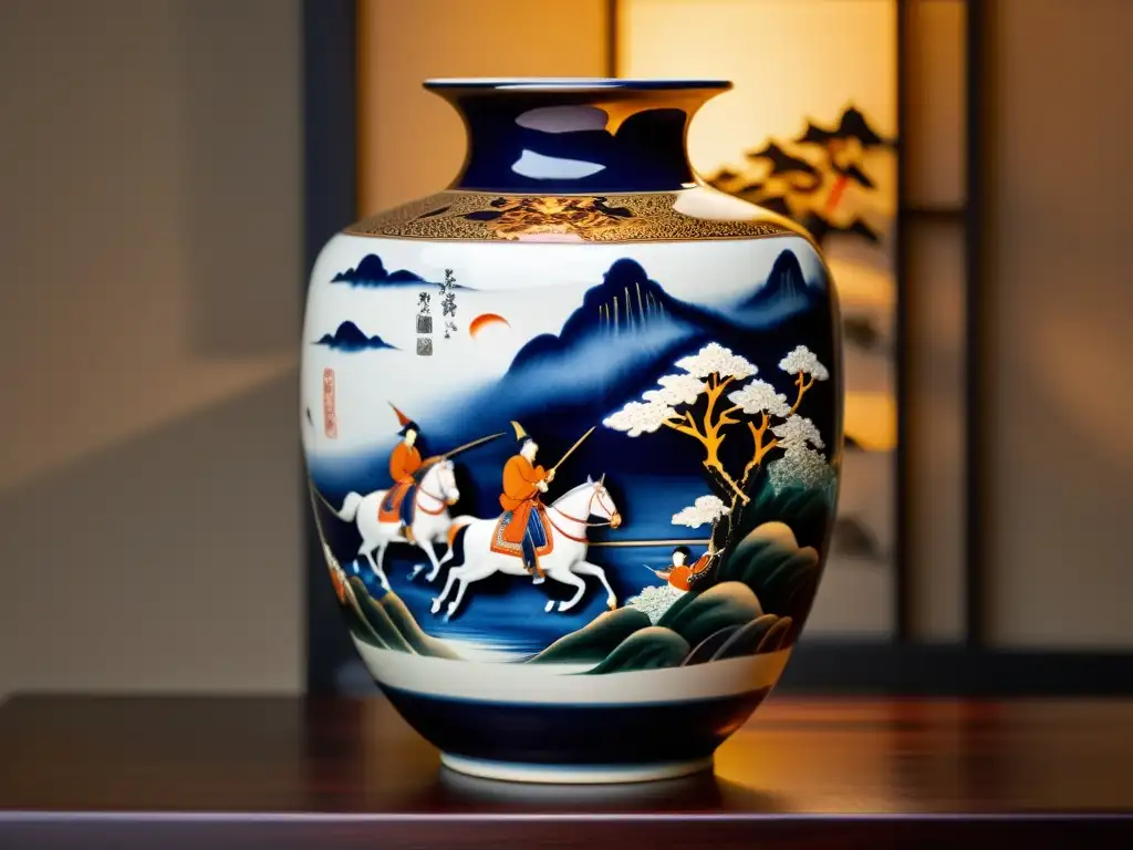 Arte samurái en cerámica contemporánea: Vaso con escenas de batalla detalladas, iluminado con suave luz en ambiente japonés tradicional