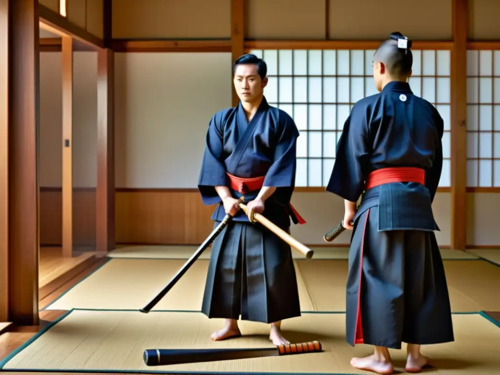 Introducción al arte del Kendo samurái en un dojo japonés tradicional con estudiantes y sensei practicando con shinai