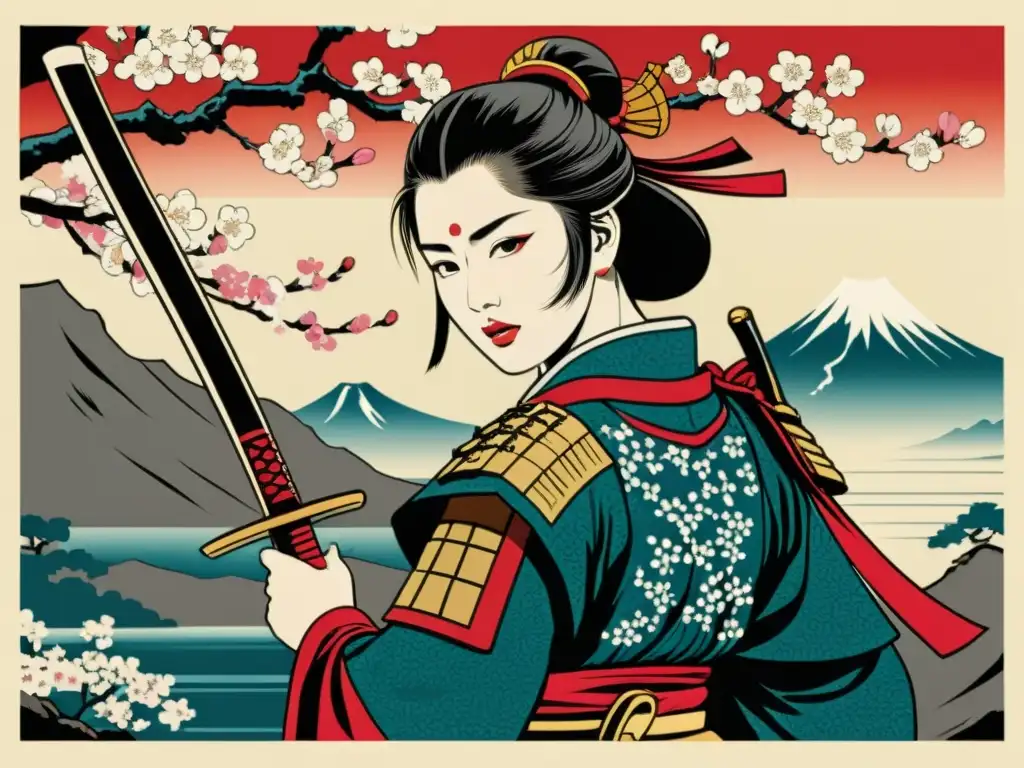 Arte samurái en la novela histórica: Impresión japonesa de una guerrera samurái en armadura con katana, rodeada de cerezos en flor