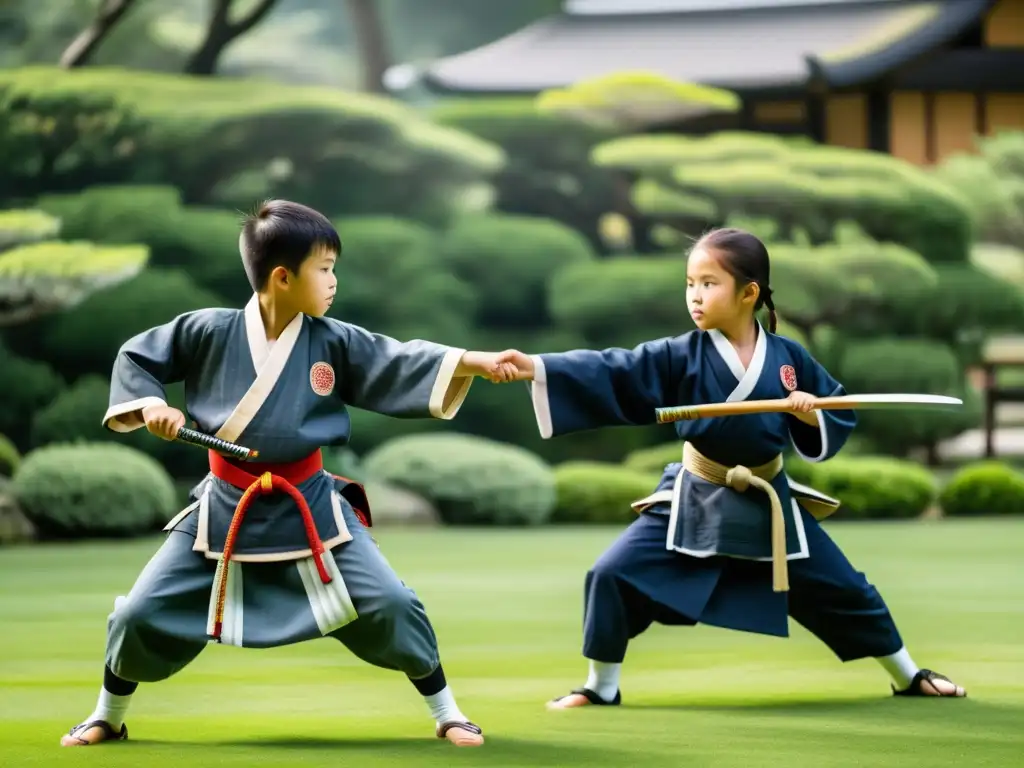 Artes marciales para niños samurái en un jardín sereno, guiados por un sabio sensei y rodeados de naturaleza exuberante y tradición