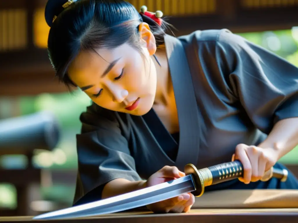 Una artesana japonesa crea con esmero una espada samurái, destacando la espiritualidad femenina en la cultura samurái