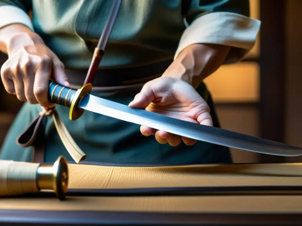 Artesano restaurando una antigua katana con precisión y dedicación en un taller japonés