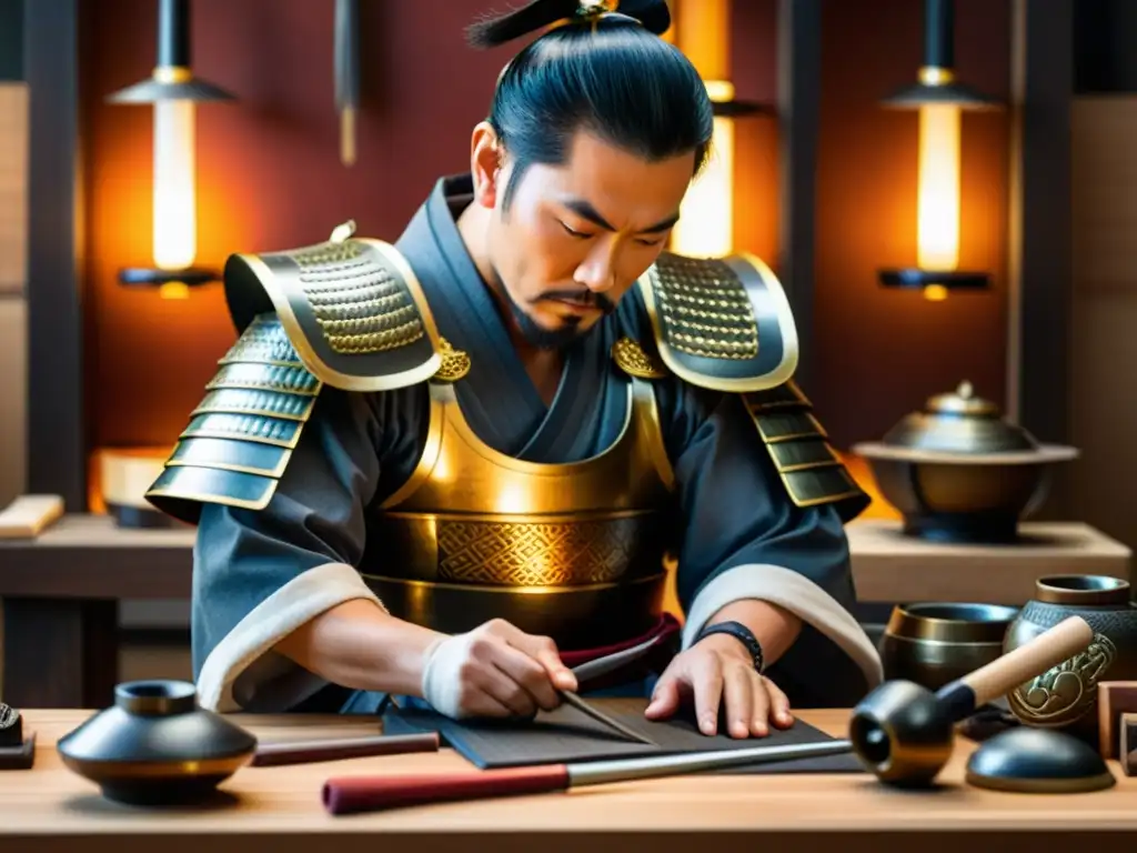 Artesano forjando armadura samurái, inmerso en la calidez del taller, rodeado de herramientas y piezas en proceso