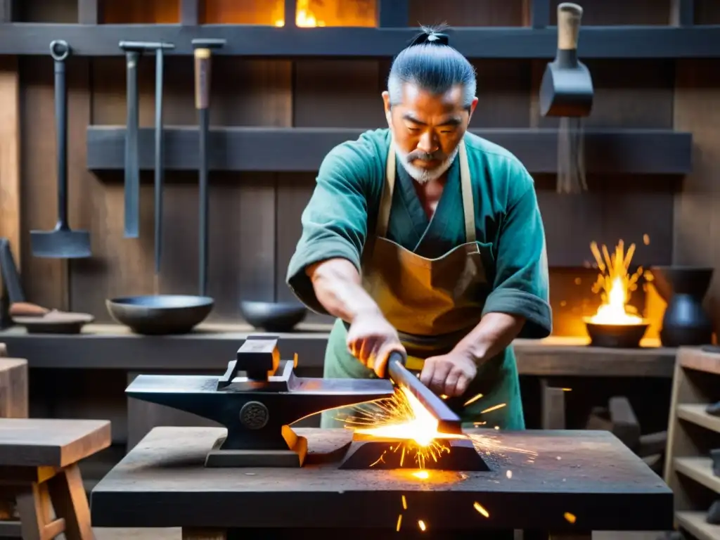 Un artesano espada samurái expone su destreza, forjando con maestría en un taller tradicional japonés