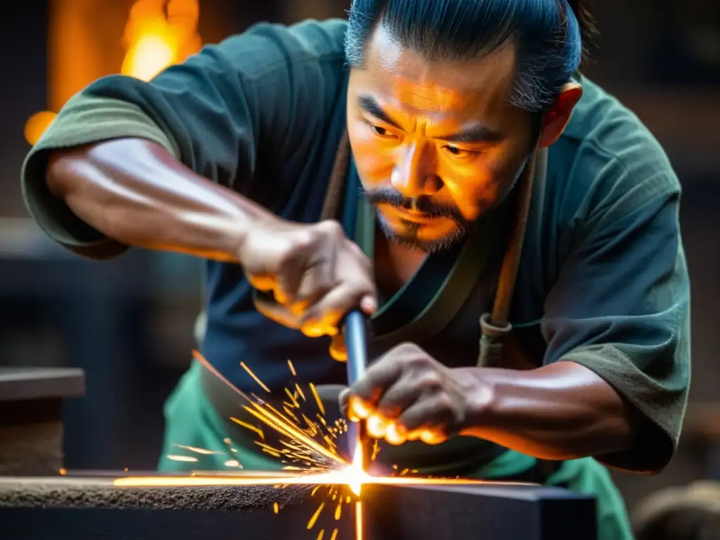 Un artesano forja una espada samurái con maestría en su taller