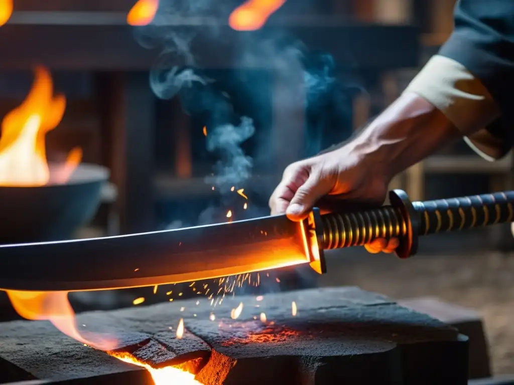 Artesano forja una espada samurái con precisión y dedicación en un taller tradicional japonés, mostrando el proceso paso a paso forja samurái