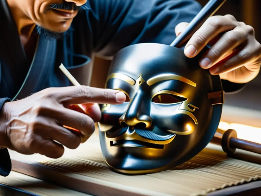 Un artesano experto moldea con cuidado una máscara samurái en su taller, destacando la artesanía en la fabricación máscaras samurái artesanal