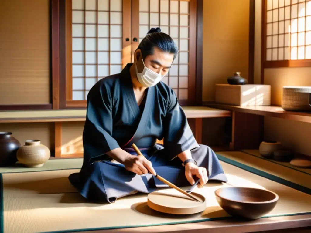 Un artesano experto crea una máscara samurái con meticulosidad en un taller tradicional japonés