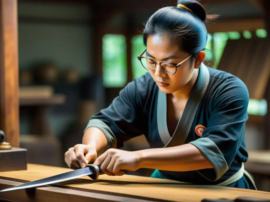 Un artesano experto elabora con precisión una naginata tradicional, fusionando arte y ciencia