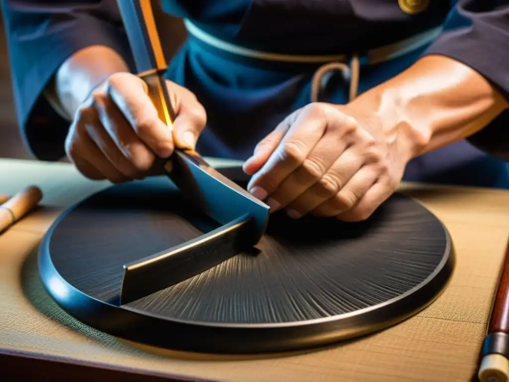 Maestría ancestral: Artesano japonés forjando Tsuba Un artesano experto elabora con precisión un Tsuba, la guardia de una espada japonesa, resaltando su significado en la cultura samurái