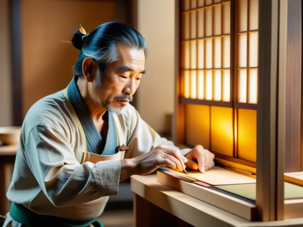 Un artesano experto construye una puerta Shoji tradicional con técnicas ancestrales en su taller cálido y acogedor