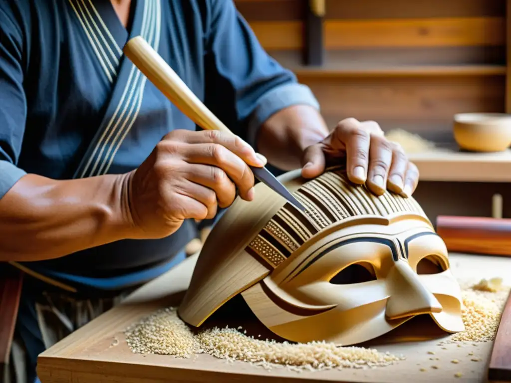 Un artesano experto talla con cuidado patrones en una máscara samurái, mostrando la tradición de fabricación máscaras samurái artesanal