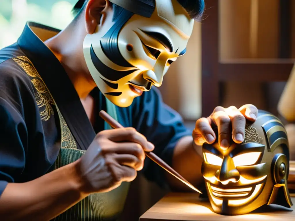 Un artesano experto talla con precisión una máscara samurái de madera