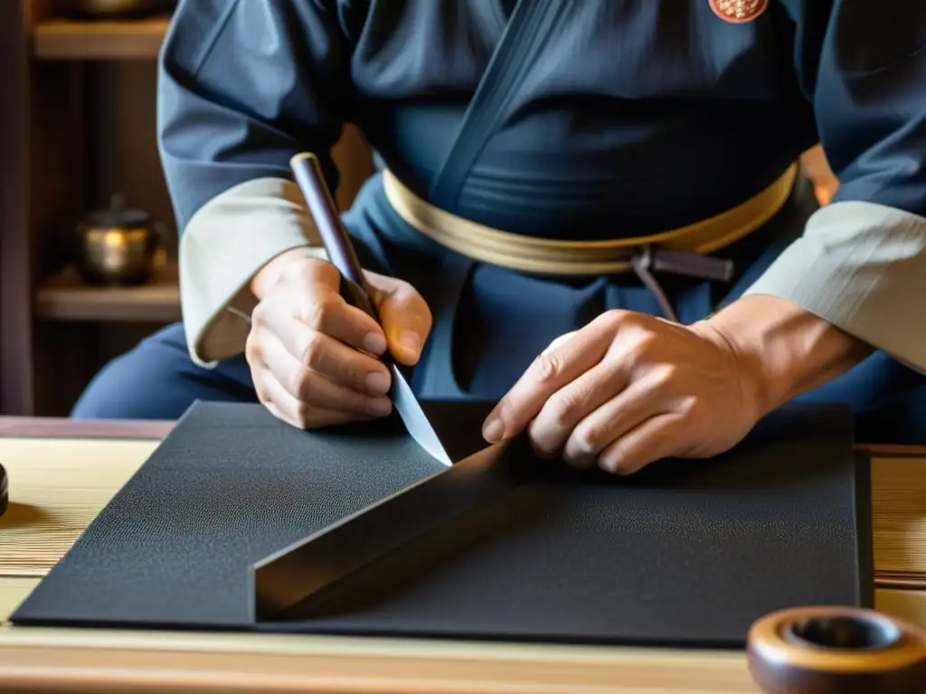 Un artesano experto en la fabricación tradicional de Yoroi samurái, mostrando su destreza y dedicación en la creación de armaduras icónicas