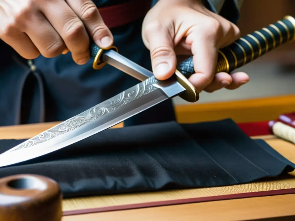 Un artesano cuidadosamente restaura las intrincadas grabaciones del antiguo wakizashi, mostrando el meticuloso cuidado en su restauración