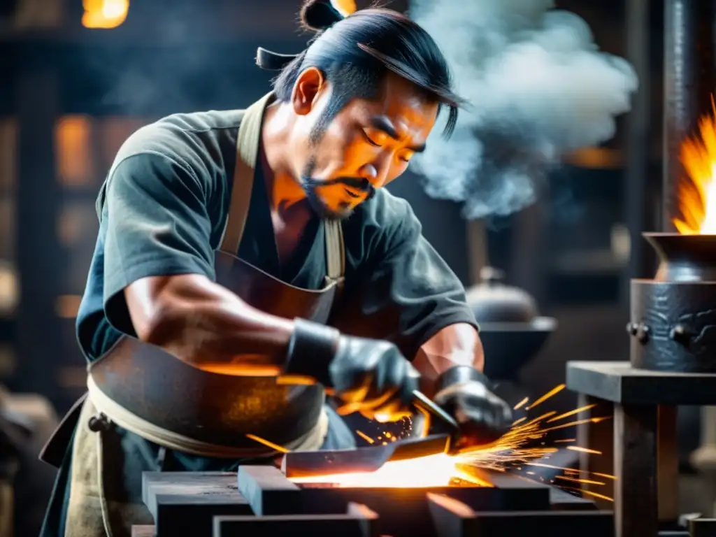 Un artesano japonés forja una armadura samurái con materiales alternativos, rodeado por el resplandor del horno y nubes de vapor