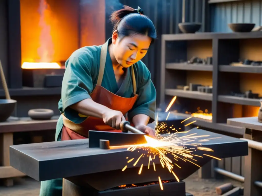 Artesano japonés forja un auténtico Wakizashi con precisión en su taller, en medio de un ambiente cálido y lleno de chispas