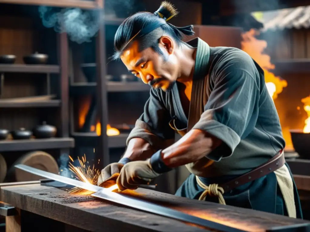 Un artesano japonés forja con cuidado una espada samurái en su taller, destacando la importancia de la espada samurái en su meticulosa creación