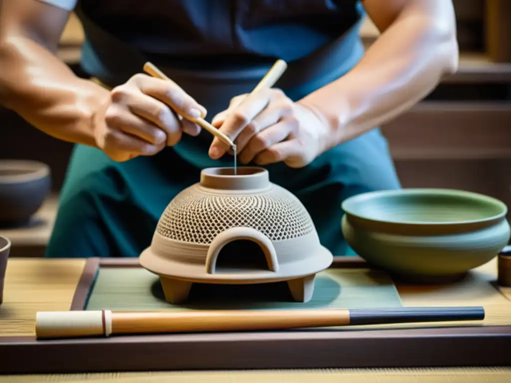 Un artesano japonés moldea con cuidado un inciensario de cerámica samurái en su taller, inmerso en la creación de esta pieza única