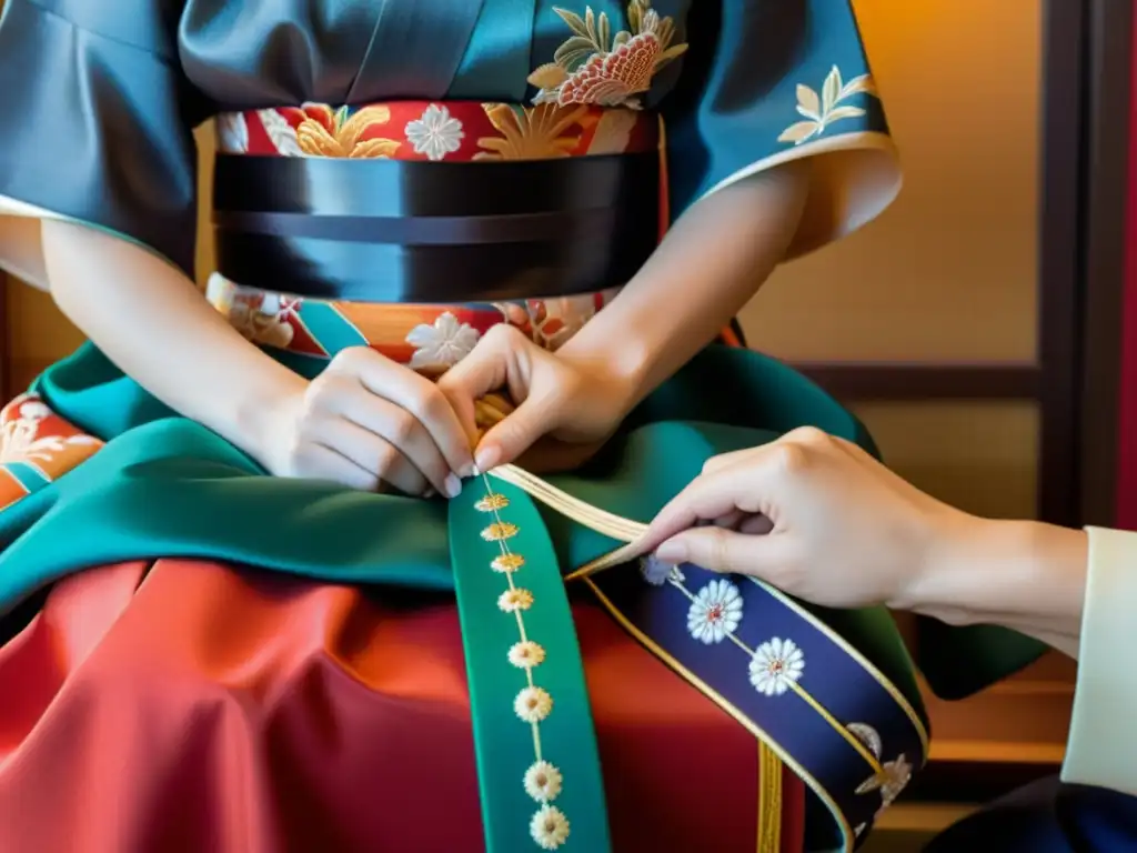 Un artesano japonés experto en cinturones Obi estilo samurái ata con meticulosidad un obi vibrante y ricamente decorado alrededor de la cintura de una mujer vestida con kimono, en una escena que irradia elegancia, autenticidad cultural y maestría artesanal