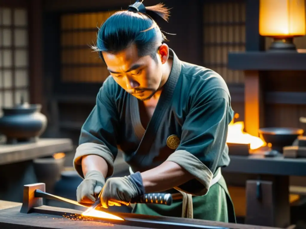 Artesano japonés experto en técnicas mantenimiento katana samurai forjando con precisión en un taller sereno