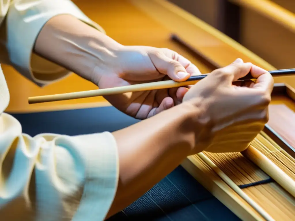 Un artesano japonés experto da vida al arco yumi con precisión, resaltando los orígenes del arco japonés Kyudo con dedicación y maestría artesanal