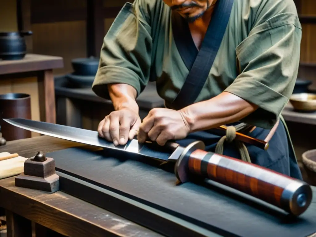 Un artesano japonés cuidadosamente forja una hoja de katana samurái en su taller, destacando la antigua artesanía y precisión