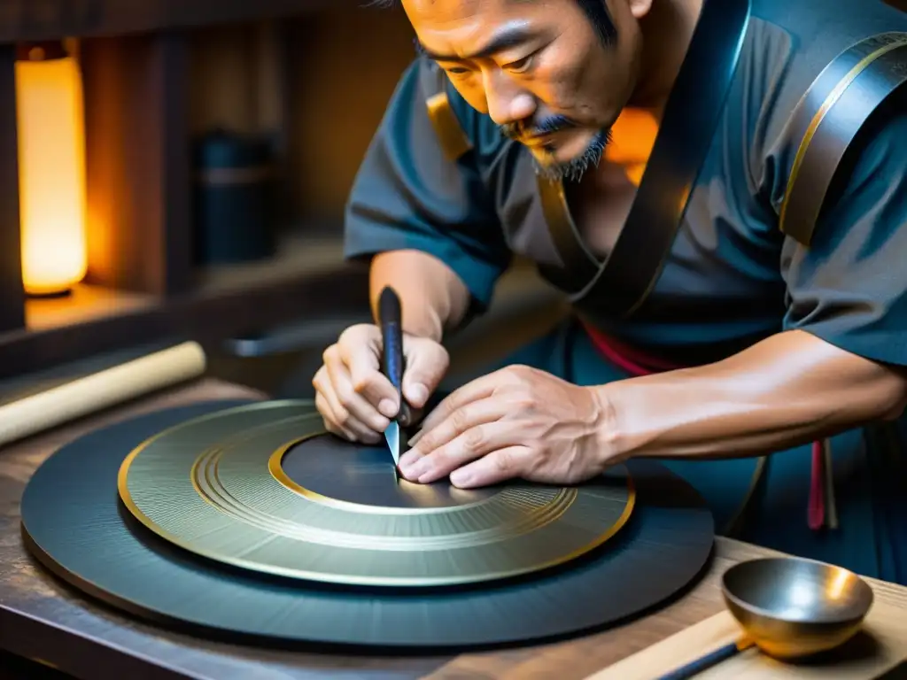 Un artesano japonés crea con intensidad una réplica de armadura samurái, resaltando la artesanía y tradición centenaria