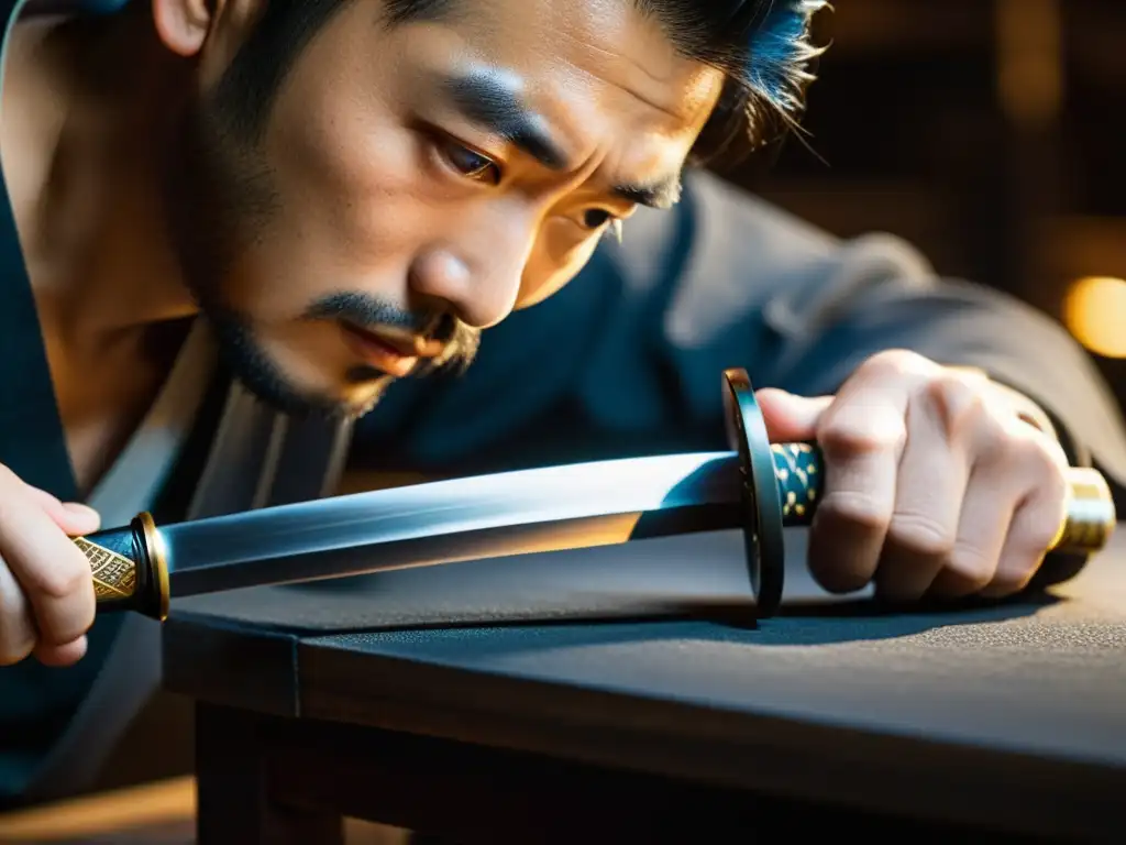 Un artesano japonés inspecciona y pule cuidadosamente una katana tradicional en su taller, resaltando los tesoros samurái para el día a día