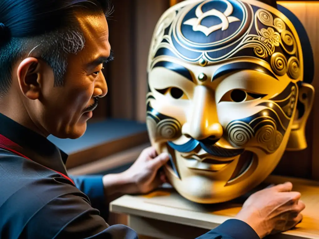 Artesano japonés tallando una máscara samurái de madera con precisión y dedicación en su taller artesanal